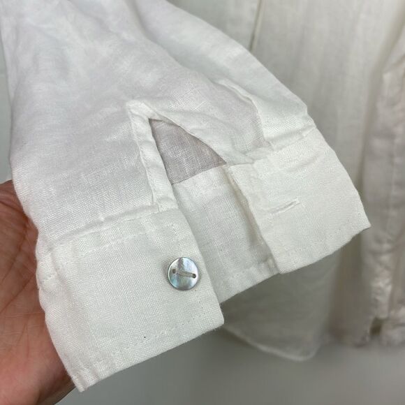 J. Jill Linen White Long Sleeve Blouse front Button Up size Large Petite - Picture 4 of 9